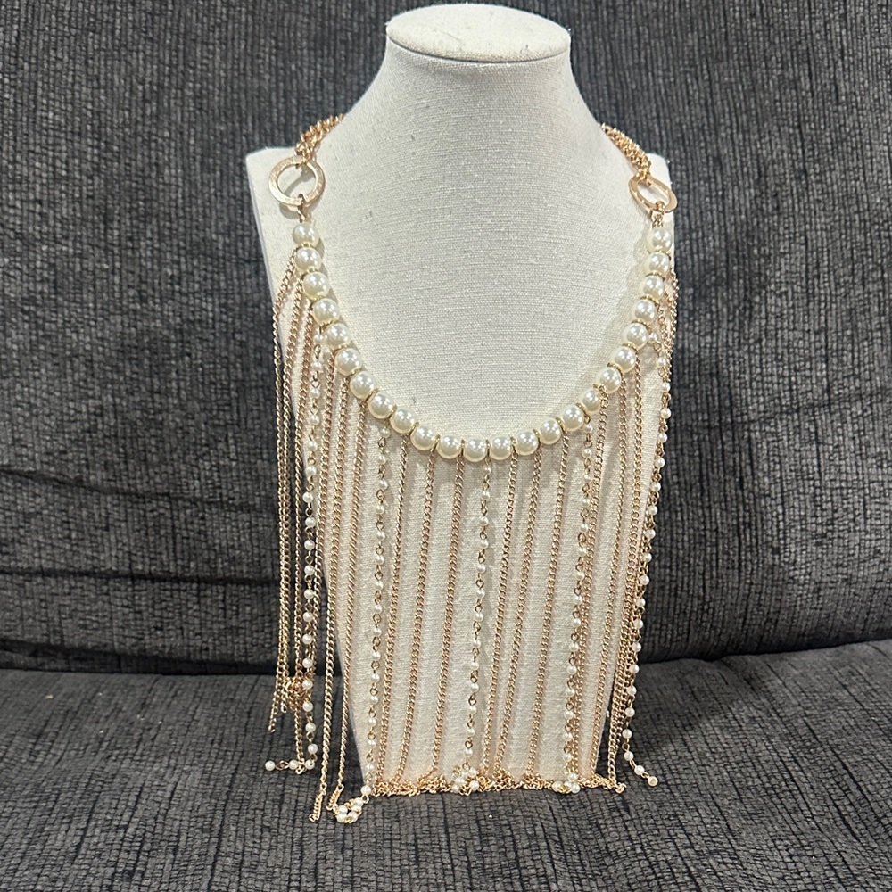 Elegant Pearl and Gold Chain Necklace - front and back accent chains